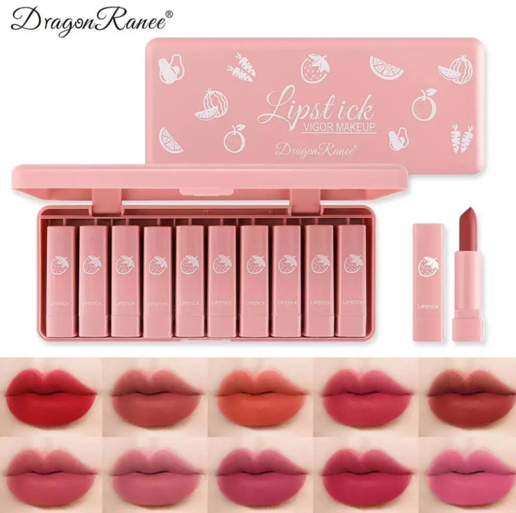 ست رژ لب مات 10 عددی دراگون رانی مدل Lipstick Vigor Makeup